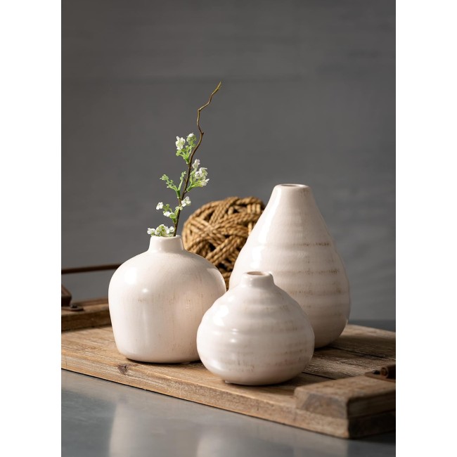  Ceramic Vase Set- 3 Small Vases, Rustic Home Décor, Modern Farmhouses; Ideal Shelf Décor, Table Décor, Bookshelf, Mantle, White (CM2973)