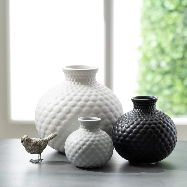  Modern Textured Ceramic Multi Color Low Ball Vase Set of Three (3), Circle Pattern, White, Gray, and Black, 6.5" H, 4.5" H & 3.5" H, Decoration for Contemporary Home Décor (CM2964)