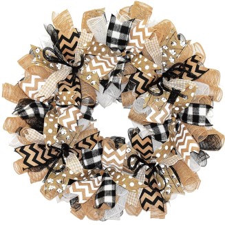 Everyday Wreath for Front Door - Year Round Deco Mesh Country Farmhouse Porch Decor - Black White Beige - 24 Inch, Indoor/Outdoor - Handmade Wreath