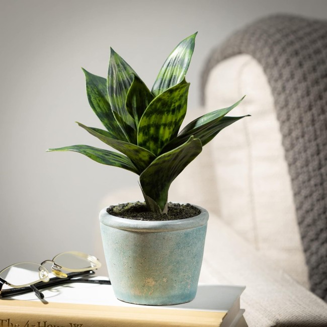  Fake Sansevieria Snake Indoor Plant with Gray Pot, Artificial Plants for Your Home, Home, Office, and Bathroom Décor Pieces, Faux Artificial Greenery