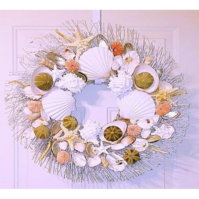 20" Seashell Wreath on Twig with Large Scallops, Star Fish, & Sea Urchins in 5 Variations