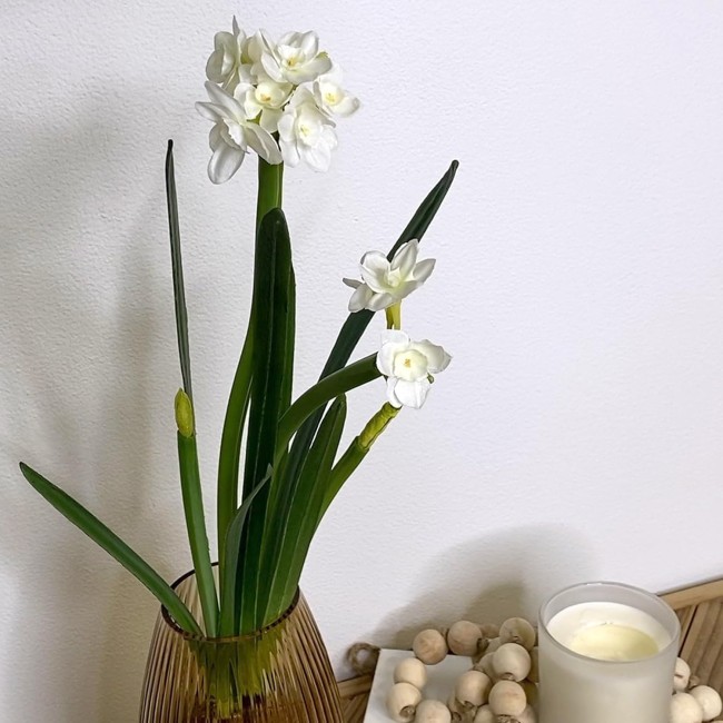  Paperwhite Flower with Bulb Stem 20", White Narcissus Stem with Bulb, White Small Daffodil Floral Stem Artificial Flowers, Lifelike Paperwhite Realistic Flower (GG511)