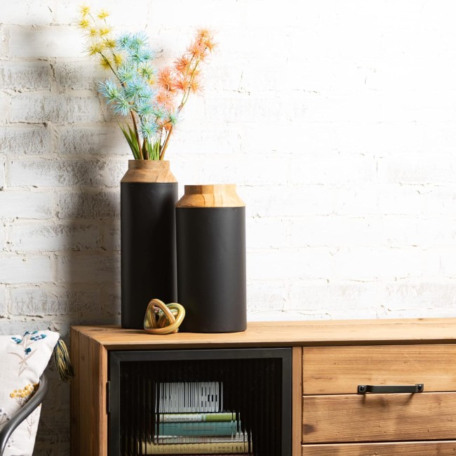  Modern Wood and Metal Vase Set of 2; Trendy Home Decor; Boho Vases for Centerpieces; Entryway, Bookshelf, Mantel, Shelf Décor-Black and Brown