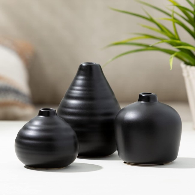  Ceramic Vase Set- 3 Small Matte Black Vases, Modern Home Décor, Modern Farmhouse; Ideal Shelf Décor, Centerpieces, Table Décor, Bookshelf, Mantle, (CM3084)