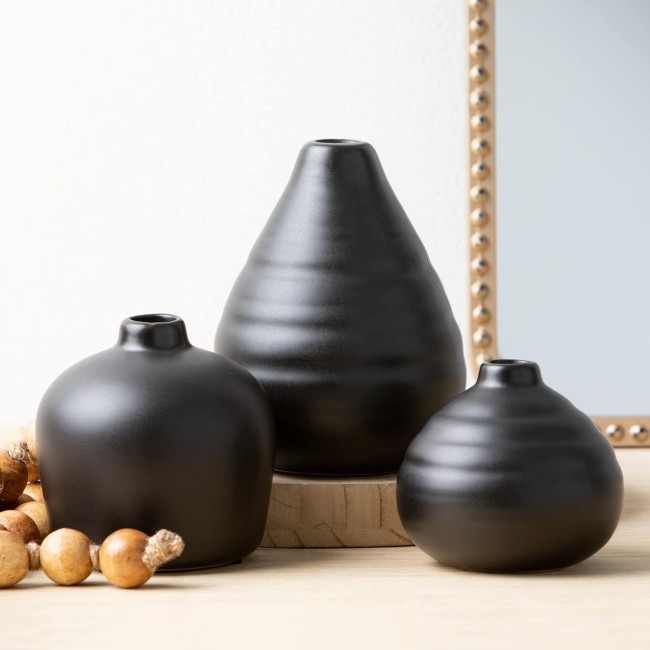  Ceramic Vase Set- 3 Small Matte Black Vases, Modern Home Décor, Modern Farmhouse; Ideal Shelf Décor, Centerpieces, Table Décor, Bookshelf, Mantle, (CM3084)