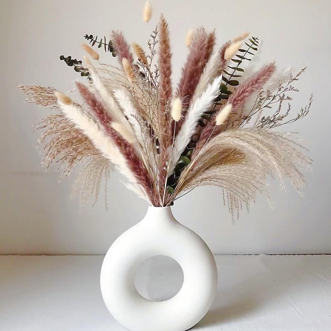 White Ceramic Vases for Pampas Grass,Water Drop Design Doughnut vase Modern Home Decor Minimalist Nordic Boho Ins Style (White Medium)