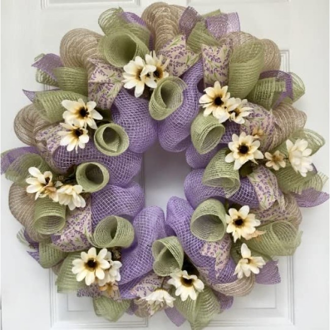 Lavender and Mint Spring Floral Handmade Deco Mesh Wreath 24 inch and 27 inch diameter available