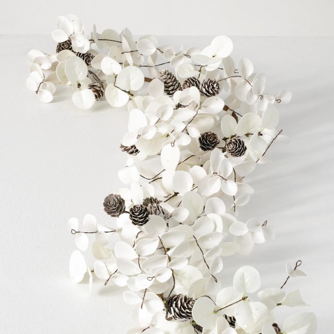  6 ft White Eucalyptus and Pinecone Garland, Artificial Greenery, All Seasons, Perfect for Weddings, Fireplace Mantels, Dining and Living Rooms