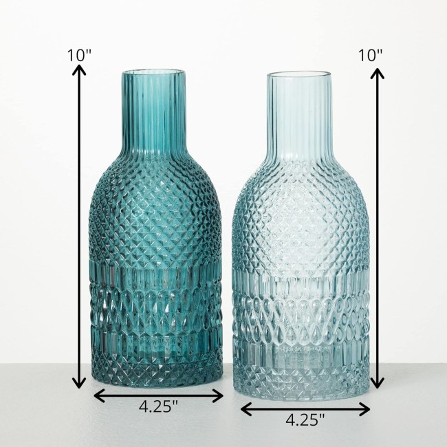  10" Turquoise Faceted Bottle Vases - Set of 2, Home Décor Accents, Tabletop Vases, Living Room Décor, Mantle and Entryway Vases