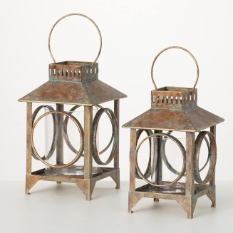  14" Patinaed Open-Frame Lanterns - Set of 2; Brown, Decorative Candle Holders, Mantle and Tabletop Décor