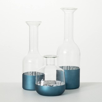  Metallic Blue Glass Bottle Set, Home Décor Accents, Living Room Décor and Accessories, Table and Mantle Decorations