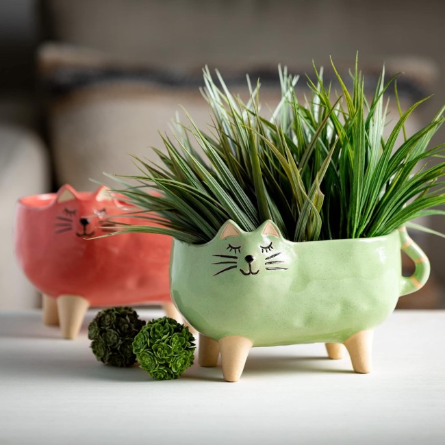  Purr-Fact Cat Planter Pair, Faux Flower Pots, Decorative Home Accessories, Kitchen & Office Décor, Tabletop and Entryway Décor