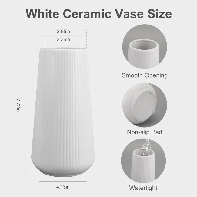 White Ceramic Vase, GUKJOB Flower Vase Ceramic Vase for Flowers, Decorative White Vase for Pampas Grass, Small Vase for Home Living Room Dining Table Farmhouse Office Decor (White)