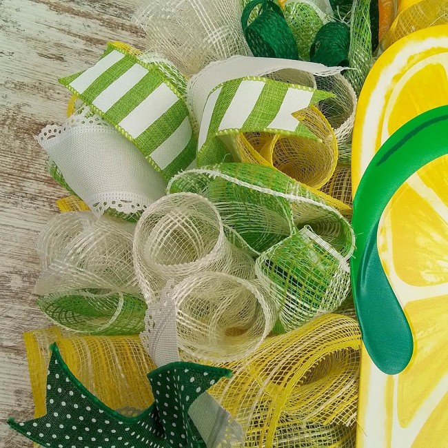 Lemon Flip Flop Wreath - Spring Summer Welcome Deco Mesh Decor - Yellow Lime Green White