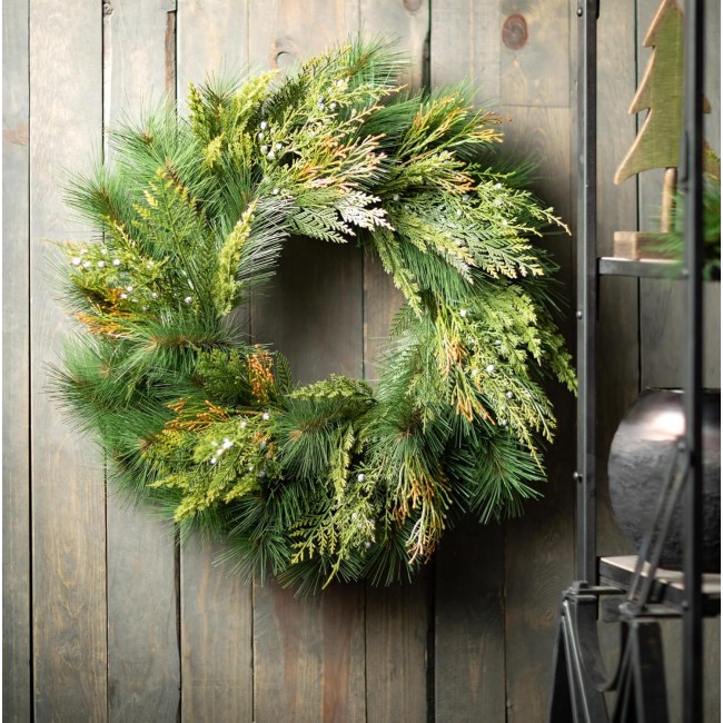  24 Inch Mixed Pine Wreath, Christmas Artificial Wreath, Winter Wreath, Front Door Wreaths, Indoor & Outdoor Wreaths, Door, Entryway, Porch Décor