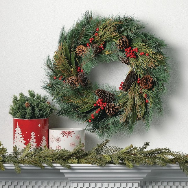  Artificial Rustic Pine & Berry Wreath Multicolor 24" W, Christmas Décor, Christmas Wreaths, Indoor or Outdoor Wreaths