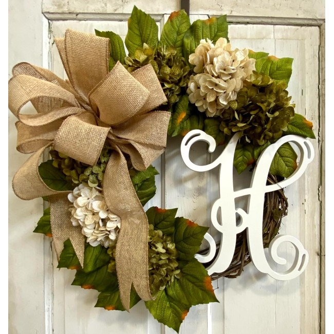 Hydrangea Monogram Initial Front Door Wreath with Choice of Bow and Cream and Moss Green Hydrangeas on Grapevine Base-Handmade in the USA, Front Door Wreath