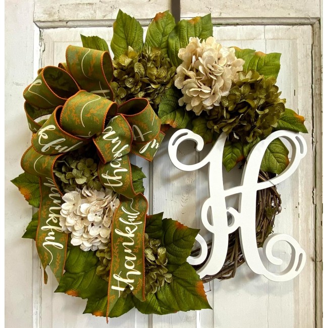 Hydrangea Monogram Initial Front Door Wreath with Choice of Bow and Cream and Moss Green Hydrangeas on Grapevine Base-Handmade in the USA, Front Door Wreath