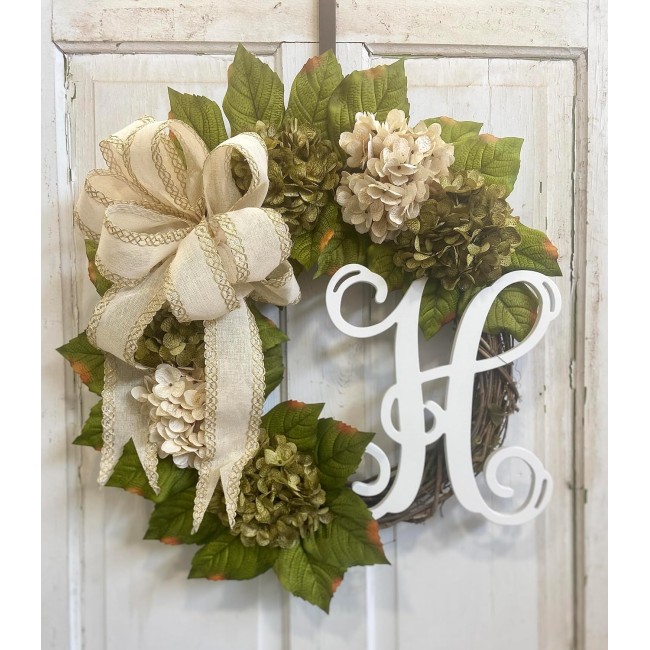 Hydrangea Monogram Initial Front Door Wreath with Choice of Bow and Cream and Moss Green Hydrangeas on Grapevine Base-Handmade in the USA, Front Door Wreath