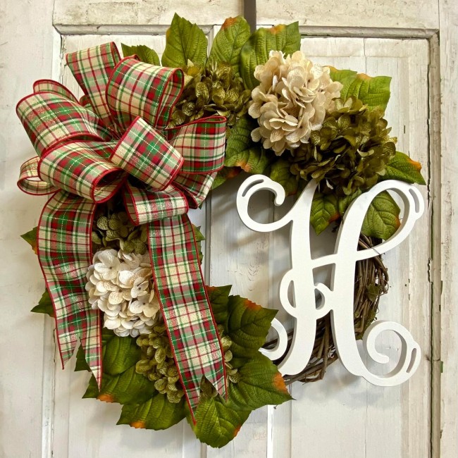 Hydrangea Monogram Initial Front Door Wreath with Choice of Bow and Cream and Moss Green Hydrangeas on Grapevine Base-Handmade in the USA, Front Door Wreath