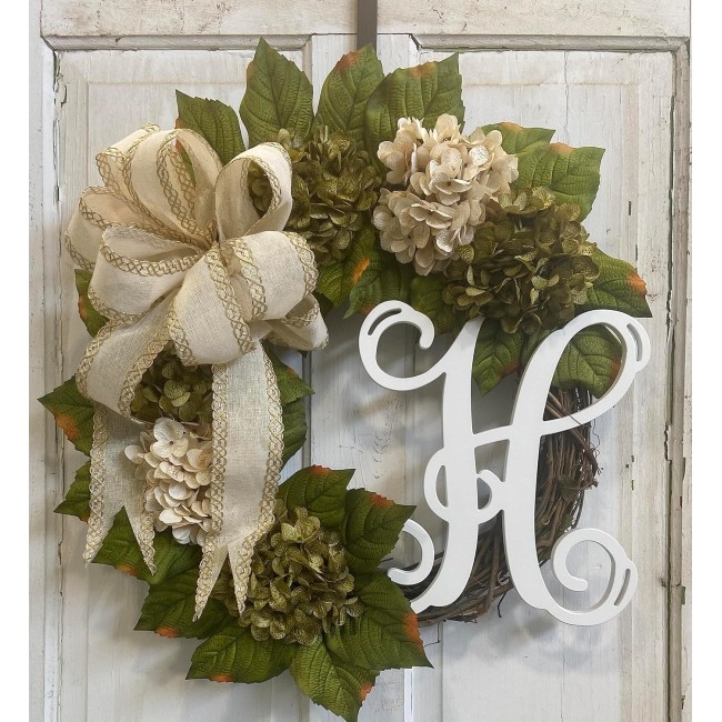 Hydrangea Monogram Initial Front Door Wreath with Choice of Bow and Cream and Moss Green Hydrangeas on Grapevine Base-Handmade in the USA, Front Door Wreath