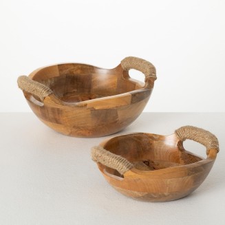  Rustic Wood Bowl Set with Handles; Brown; 8.75" L and 10.75" L