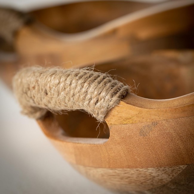  Rustic Wood Bowl Set with Handles; Brown; 8.75" L and 10.75" L