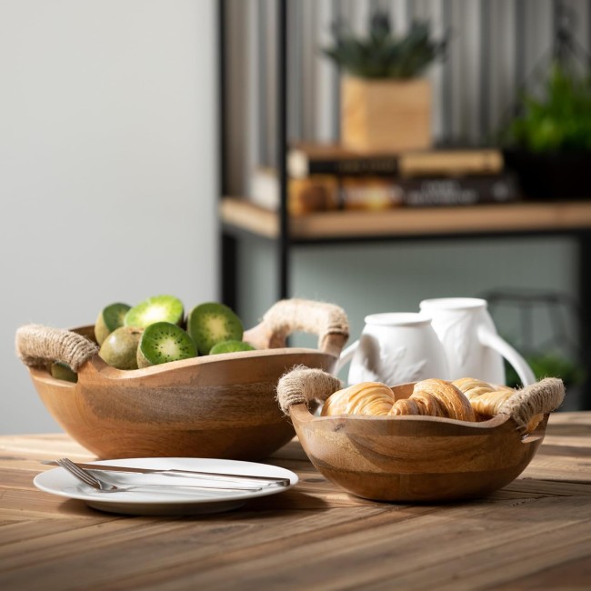  Rustic Wood Bowl Set with Handles; Brown; 8.75" L and 10.75" L