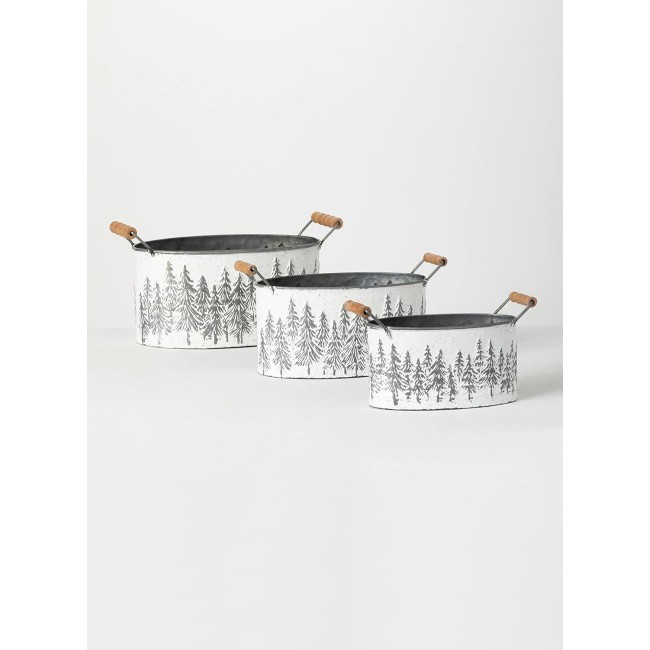  Christmas Metal Tree Planters with Handles Set of 3 Christmas Decorations, Christmas Decor, Holiday Decor, White, 7.5 inches tall