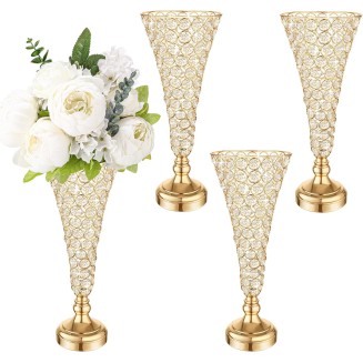 Mifoci 4 Pcs Gold Trumpet Vases for Centerpieces 16 Inch Crystal Flower Vase for Table Decor Wedding Party Favors Tall Floral Arrangement Stand Home Decoration