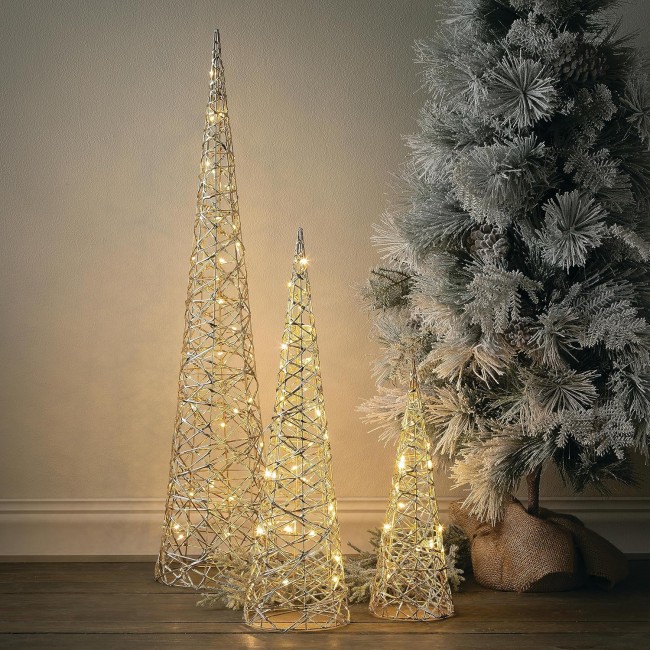 35.5" H, 23.5" H and 15.75" H  Gold Outdoor Lighted Cones, LED Christmas Decor, LED Lights, Christmas Decorations, Holiday Decor, Floor Decor