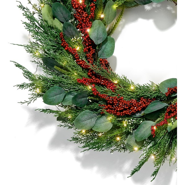 Christmas Wreath with Lights Front Door Wreaths, 24 Inch Holiday Wreath, 100 LED Evergreen Wreath with Eucalyptus and Red Berry Decorations, Lighted Christmas Wreaths for Front Door Winter Decor