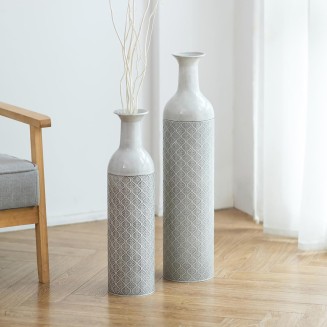 Tall Floor Vase for Flowers - 21.65/27.56in Extra Large Floor Vase Set of 2 Big Metal Glazed Vases for Pampas Grass Twigs Vintage Grey Oversized Vase for Living Room Bedroom Home Farmhouse