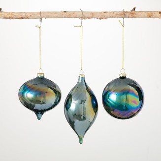  Iridescent Blue Green Bulb Ornaments - Set of 3 - Luminous Green Glass Ornaments for Holiday Decor - Shiny Ball, Onion, and Drop Christmas Ornaments