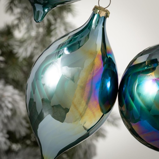  Iridescent Blue Green Bulb Ornaments - Set of 3 - Luminous Green Glass Ornaments for Holiday Decor - Shiny Ball, Onion, and Drop Christmas Ornaments