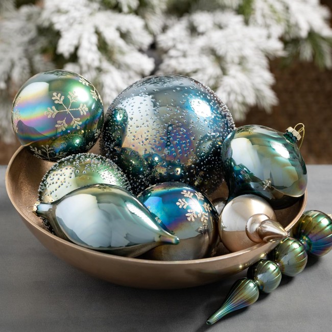  Iridescent Blue Green Bulb Ornaments - Set of 3 - Luminous Green Glass Ornaments for Holiday Decor - Shiny Ball, Onion, and Drop Christmas Ornaments