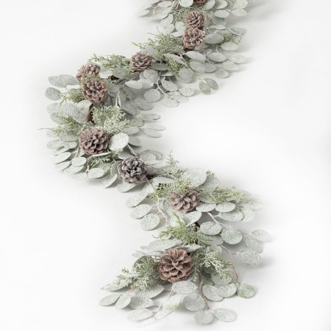  5 ft Snow Dusted Eucalyptus and Pinecone Garland, Christmas Decor Perfect for Fireplace Mantels, Dining and Living Rooms