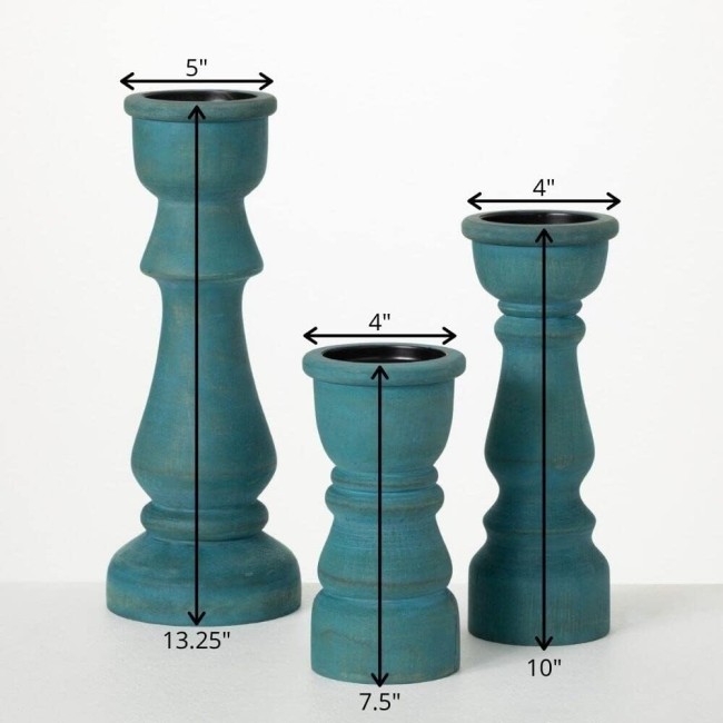  Turquoise Wood Pillar Candle Holder Set of 3, Decorative Candle Holders for Table Centerpiece, Perfect for Home Decor, Weddings, Dinning and Gifts