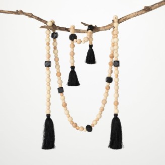  6.5 ft Neutral Wood Bead & Black Tassel Garland Set of 2, Artificial Greenery, Versatile Garland Decor for All Seasons, Perfect for Weddings, Fireplace Mantels, Dining and Living Rooms