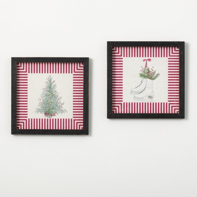  Christmas Tree and Skates Watercolor Wall Art Set of 2, Artwork Decoration, Perfect for Office, Living and Dining Rooms, Kitchens and Bathrooms