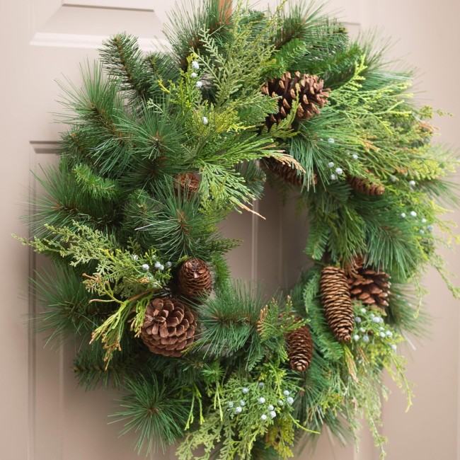  24 Inch Mixed Pine Wreath, Christmas Artificial Wreath, Winter Wreath, Front Door Wreaths, Indoor & Outdoor Wreaths, Door, Entryway, Porch Décor