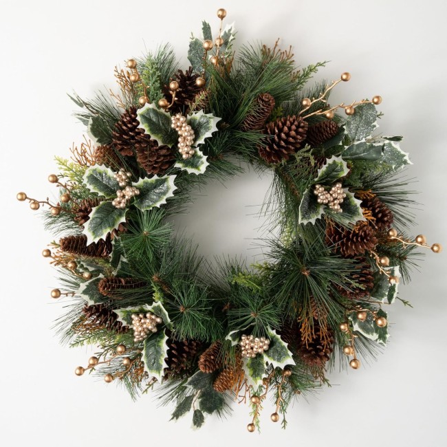  26.5 Inch Pine and Holly Wreath, Christmas Artificial Wreath, Winter Wreath, Front Door Wreaths, Indoor & Outdoor Wreaths, Door, Entryway, Porch Décor