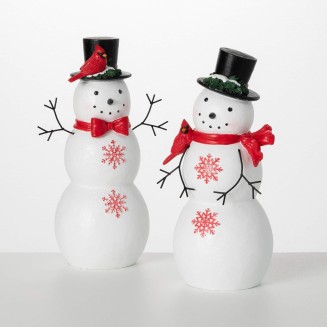 12"H  Red Cardinal Snowman Figurines - Set of 2, Christmas Decor, Multicolored