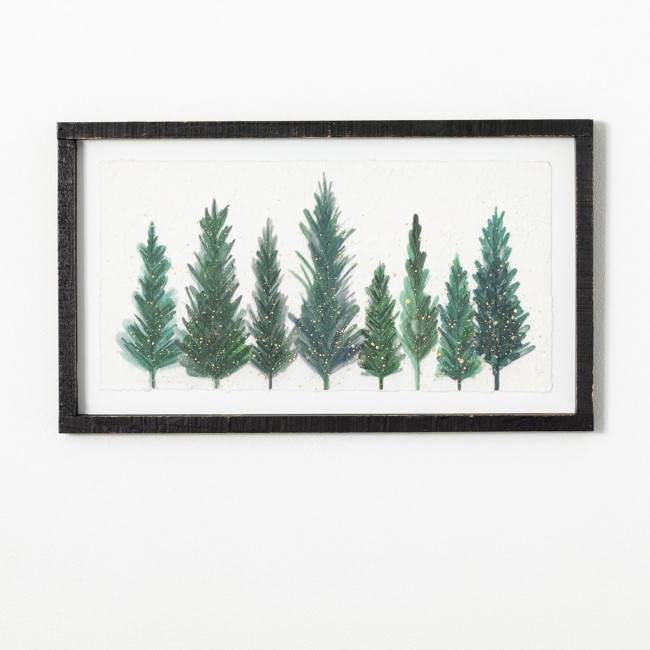  Gold Speckled Green Pine Tree Watercolor Canvas Wall Art, 14" x 24", Black Framed Rustic Vintage Forest Artwork Decoration, Perfect for Office, Living and Dining Rooms, Wall Art Decor for the Holidays