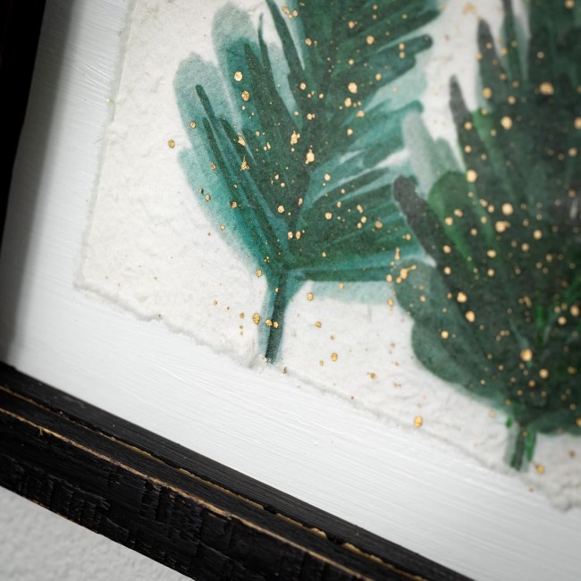  Gold Speckled Green Pine Tree Watercolor Canvas Wall Art, 14" x 24", Black Framed Rustic Vintage Forest Artwork Decoration, Perfect for Office, Living and Dining Rooms, Wall Art Decor for the Holidays