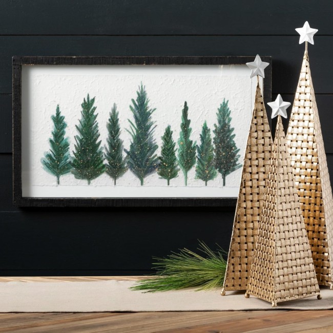  Gold Speckled Green Pine Tree Watercolor Canvas Wall Art, 14" x 24", Black Framed Rustic Vintage Forest Artwork Decoration, Perfect for Office, Living and Dining Rooms, Wall Art Decor for the Holidays