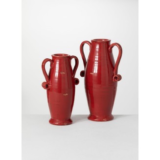  Red Glazed Ceramic Classic Design Urn Vase with Curl Handles, Set of 2, Table Centerpiece Pedestal Vases for Flowers, Perfect for Wedding, Home, Office, Kitchen Decor