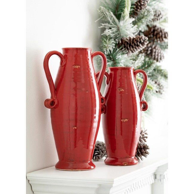  Red Glazed Ceramic Classic Design Urn Vase with Curl Handles, Set of 2, Table Centerpiece Pedestal Vases for Flowers, Perfect for Wedding, Home, Office, Kitchen Decor