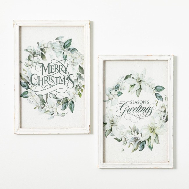  White and Green Poinsettia Wood Framed Printed Wall Art, 16" x 24", Set of 2, Rustic Vintage Farmhouse Artwork Decoration, Perfect for Office, Living and Dining Rooms, Wall Art Decor for the Holidays