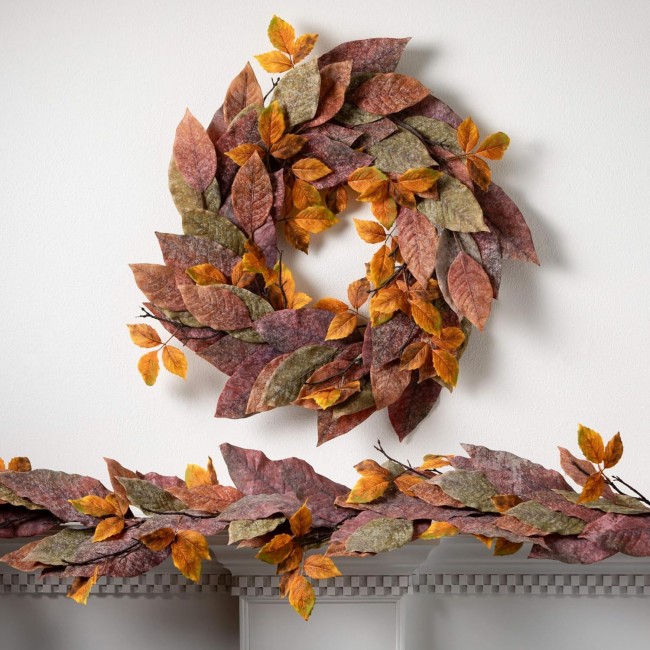  26" Warm Fall Mixed Leaf Wreath, Fall Wreath for Front Door Decor, Indoor & Outdoor Wreaths for Front Door, Entryway, Porch Décor